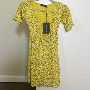 Yellow floral print wrap tea dress